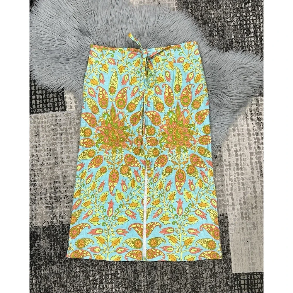 Zara Women's Midi Bohemian 1960's Floral Paisley Turquoise Skirt‎ Size XXL